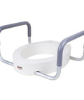 3.5 Inch Raised Toilet Seat With Arms For Seniors And Handicap, silver padded handles, universal fit, easy to install, white color