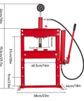 10 Ton Hydraulic Shop Press With Pressure Gauge And Plate, Pro Grade H-Frame Benchtop Press With Height Adjustable Working Table For Auto Repair, Metalworking, And Manufacturing, Red, front view