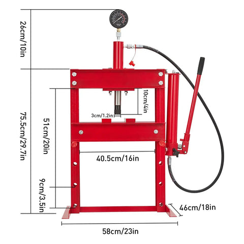 10 Ton Hydraulic Shop Press With Pressure Gauge And Plate, Pro Grade H-Frame Benchtop Press With Height Adjustable Working Table For Auto Repair, Metalworking, And Manufacturing, Red, front view