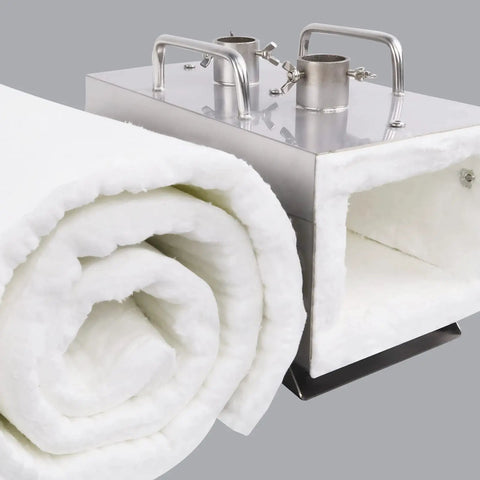 Heavy Duty Ceramic Fiber Insulation Blanket For Wood Stove Fireplace And Pizza Oven High Temperature Thermal Wrap Handles Direct Flames Like A Champ 60 By 24 Inch Refractory Heat Shield rolled up and heat shield in metal base.