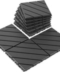 Stack of dark grey interlocking 12x12 outdoor floor tiles for all weather use, waterproof deck tiles for patio poolside garage and gym.