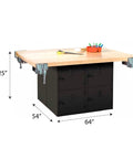 Bad Ass Heavy Duty Shop Workbench Table Featuring Solid Hardwood Top And Rugged Black Steel Frame With Eight Secure Horizontal Lockers Four Bench Vises For Garage Crew, 64-inch work surface with storage lockers.
