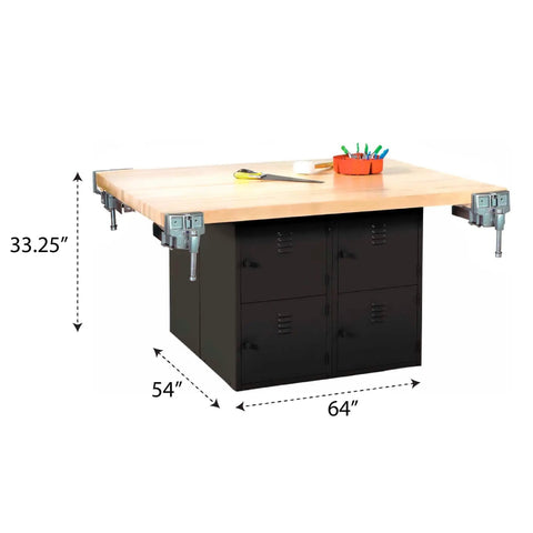 Bad Ass Heavy Duty Shop Workbench Table Featuring Solid Hardwood Top And Rugged Black Steel Frame With Eight Secure Horizontal Lockers Four Bench Vises For Garage Crew, 64-inch work surface with storage lockers.