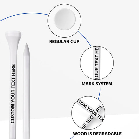 Custom Wooden Golf Tees Two And Three Quarters Inches Long Personalize With Your Name Or Text In Bulk Packs Of Fifty One Hundred And Two Hundred Great For Tourneys Branding And Promotional Uses, image showing detailed view of tee, marking system, and degradation properties.