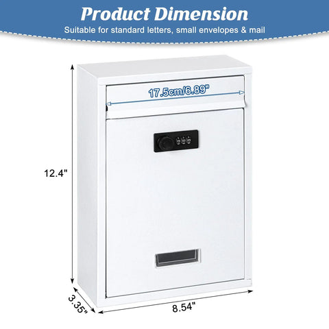 Outdoor Wall Mount Mailbox With 3 Digit Combination Lock, Weatherproof Drop Box For Mail, Donations, Ballots Or Suggestions, 12.4H x 8.54L x 3.35W, White