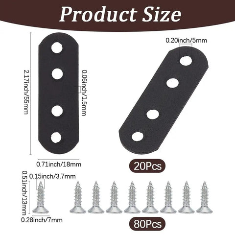 Heavy Duty Wood Bracket Kit With 20 Flat Metal Joining Plates Black 2.16 X 0.71 Inch And 80 Screws shown with sizes.
