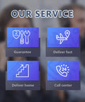 Business service icons including guarantee, fast delivery, home delivery, and 24/7 call center, with blurred people in background.