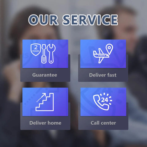 Business service icons including guarantee, fast delivery, home delivery, and 24/7 call center, with blurred people in background.