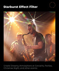 Band playing with saxophone under starburst lights using 82mm Variable Star Filter With Dope Cross Screen Starburst 4 To 8 Points For Cinematic Night Shots Ultra Slim Glass 18 Layer Coating For Clear Light Transmission Includes Cleaning Cloths Fits DSLR And Mirrorless Cameras.