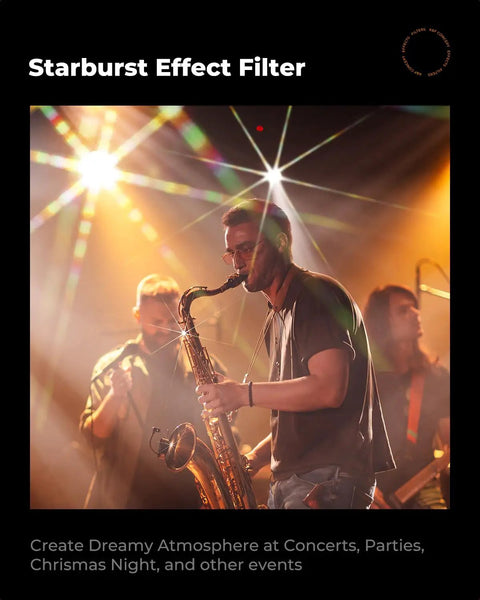 Band playing with saxophone under starburst lights using 82mm Variable Star Filter With Dope Cross Screen Starburst 4 To 8 Points For Cinematic Night Shots Ultra Slim Glass 18 Layer Coating For Clear Light Transmission Includes Cleaning Cloths Fits DSLR And Mirrorless Cameras.