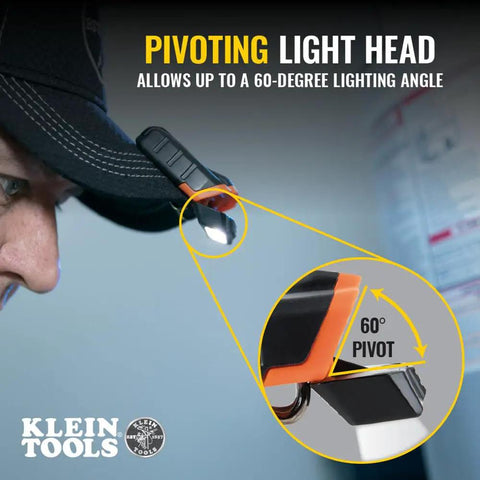 Cap Visor Clip LED Light With Pivoting Head, Battery-Powered 2xAAA attached to cap, features 60-degree pivot head for handsfree use