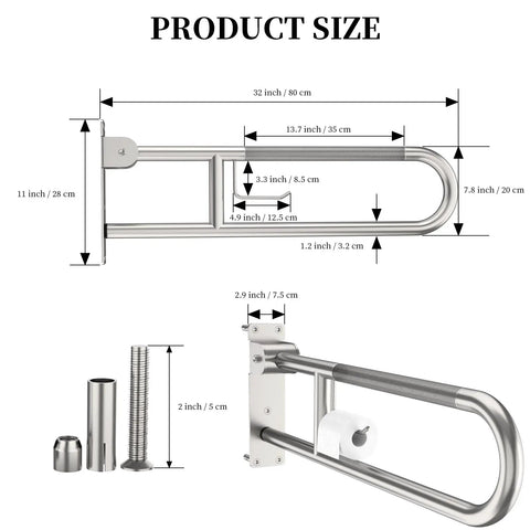 Built Like A Tank 32 Inch Toilet Grab Bar Featuring Anti Slip Brushed Nickel Finish dimensions and measurements for installation.