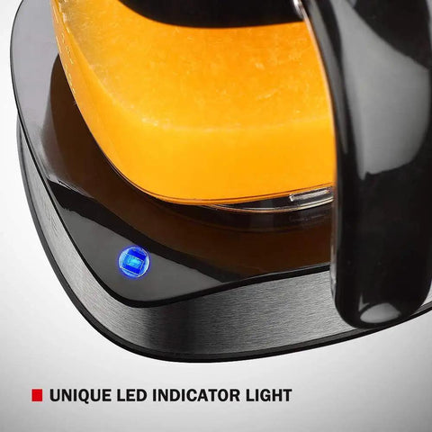 Luukmonde Electric Citrus Juicer 1.2L unique LED indicator light with black base and orange juice inside.