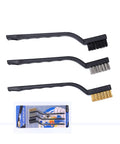 Three-Piece Mini Wire Brush Set With Stainless Steel, Nylon, And Brass Bristles For Cleaning, Rust Removal, Burr Smoothing, And Polishing