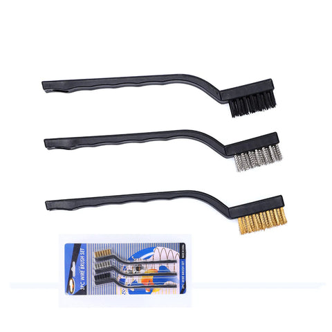 Three-Piece Mini Wire Brush Set With Stainless Steel, Nylon, And Brass Bristles For Cleaning, Rust Removal, Burr Smoothing, And Polishing