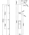 Technical drawing of Brass Flush Bolt 7 Inch With Solid Brass Face Plate And Strike, with dimensions and mounting details.