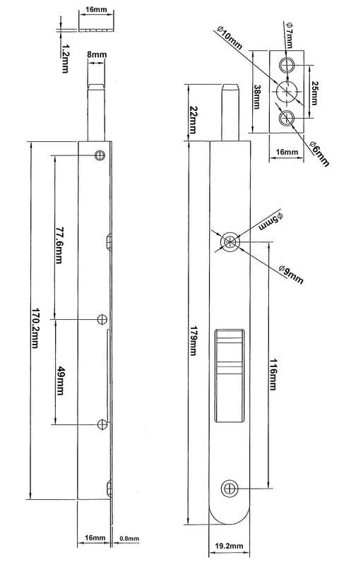 Technical drawing of Brass Flush Bolt 7 Inch With Solid Brass Face Plate And Strike, with dimensions and mounting details.
