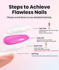Steps for Pro Grade HEMA Free And TPO Free Gel Base And Top Coat Set with color gel application and nail prep instructions.
