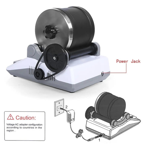 Electric Stone Polisher For Rock Crafting With Timing Buttons Whisper Quiet Gem Grinder with power jack and AC adapter diagram