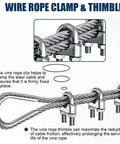 Close-up of the wire rope clamp and thimble, part of the 100 Ft Quarter Inch Stainless Steel Wire Rope Kit With Two Five Sixteenths Turnbuckles Clamps And Thimbles 7x19 Aircraft Cable For Zipline And Deck Railing 6400 Lb Break Strength Ideal For DIY Outdoor Installations.