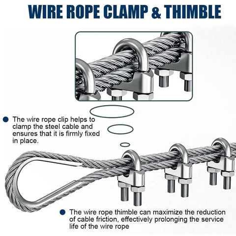 Close-up of the wire rope clamp and thimble, part of the 100 Ft Quarter Inch Stainless Steel Wire Rope Kit With Two Five Sixteenths Turnbuckles Clamps And Thimbles 7x19 Aircraft Cable For Zipline And Deck Railing 6400 Lb Break Strength Ideal For DIY Outdoor Installations.