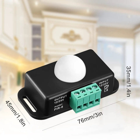 Black housing infrared motion detector from Three Pack 12V To 24V PIR Sensor Kit for LED Strip Lights, showing dimensions