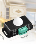 Black 6 Pack 12V 24V PIR Sensor Motion Detector LED Light Switch For Flexible LED Strip Lights with dimensions shown, in room setting