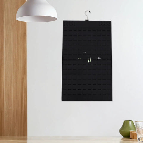 Double Sided Felt Hanging Jewelry Organizer Bag Built To Carry All Your Necklaces And Rings Slick Travel Case hanging, black felt design.