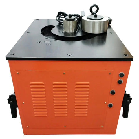 Plug And Play 110V Electric Rebar Bender Machine Handles Steel Bars 6mm To 32mm With Smooth 0 To 180 Degree Adjustment top view with motor.