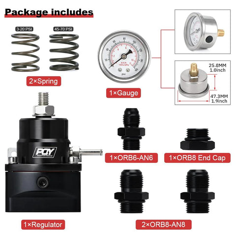 PQY adjustable EFI fuel pressure regulator kit in black with gauge, AN8 feed port and AN6 return port with fittings