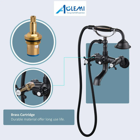 Oil Rubbed Bronze Clawfoot Tub Filler With Wall Mount, Vintage Style Tub Faucet With Handheld Shower and Brass Cartridge Detail