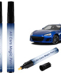 Universal Car Scratch Remover Pen 2 Pack, Quick Fix For All Colors; image shows two pens and a blue car for size reference