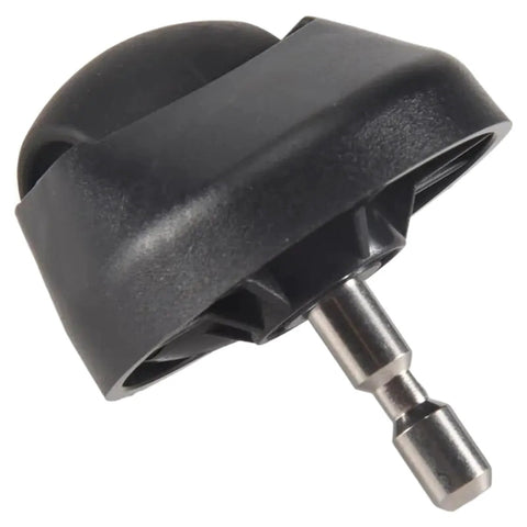 Close-up of front wheel for Cecotec Conga vacuum cleaners; black plastic wheel with metal axle, omni-directional.