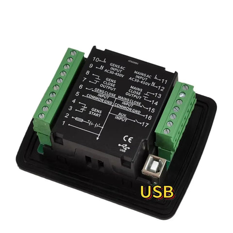 Dual Power Automatic Transfer Switch Controller Panel For Generator ATS320AC And ATS320DC With Phase Angle Control 90V to 450V AC And DC 8 to 36V Compatibility Compact 106mm by 86mm Panel Mount 1 Piece, black module with green terminals and USB port