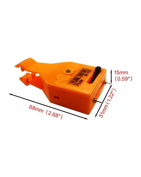 Solid Go-To Auto Fuse Tester And Puller Set Featuring Crisp LED Lights For Atc Atm Maxi Blade Fuses Quick Circuit Check, orange device with dimensions.
