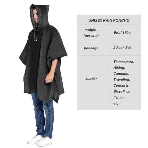 Waterproof Reusable Rain Ponchos For Adults Two Pack With Drawstring Hood EVA Material Eco Friendly shown worn by model