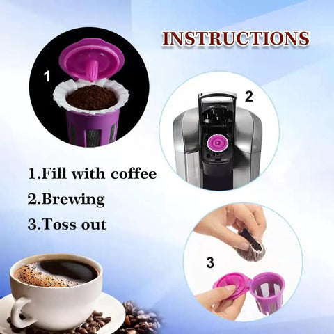 Instructions on using Disposable Coffee Filters 600 Count for Keurig Single Serve Pods, showing filling, brewing, and discarding steps.