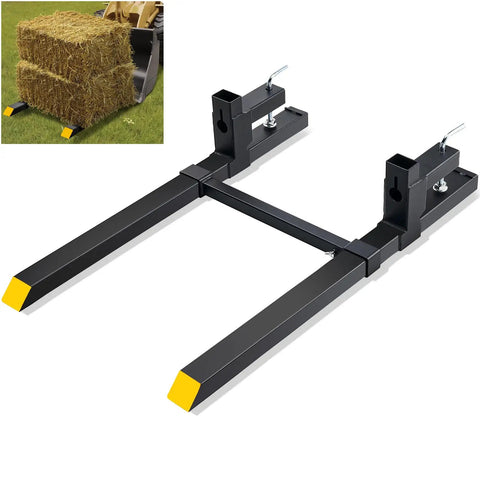 Workhorse Clamp On Pallet Forks for tractors and skid steers, 2000 lbs capacity, 43 inch length, heavy duty with stabilizer bar.