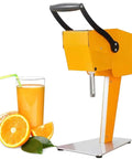 Heavy Duty Stainless Steel Electric Citrus Juicer Press For Professional Lemon Squeezer And Orange Juice Extractor Machine Automatic Seed Strainer, yellow juicer with orange juice and fruit.