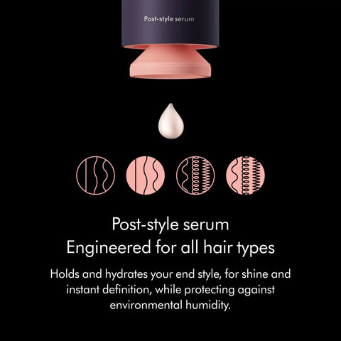 Chitosan Post Style Hair Serum bottle with a droplet, suitable for all hair types, showcasing its nourishing properties.