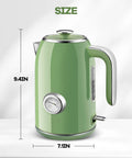 Retro Green 1.7L Stainless Steel Electric Kettle With Temperature Gauge Rapid Boil 1500W Auto Shutoff Boil Dry Protection BPA Free