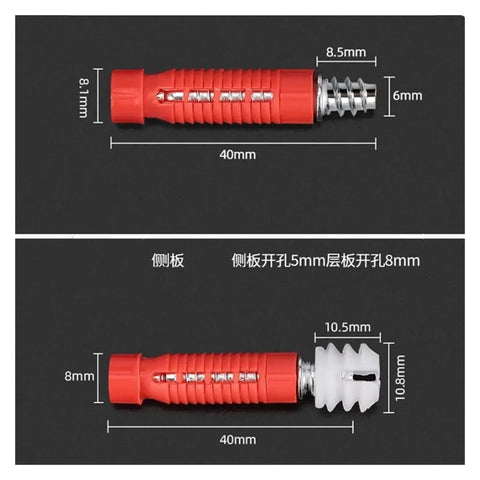 Nifty Hidden Cabinet Fasteners For No Fuss Furniture Building Rock Solid Zinc Alloy Expansion Bolts in red with dimensions.
