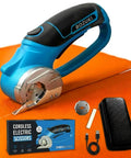 Bozuki Cordless Electric Scissors Rechargeable 4V Box Cutter For Cardboard And Fabric Rotary Shears on orange fabric with accessories.