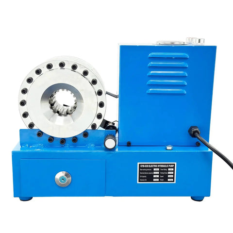 Plug And Play Electric Hydraulic Hose Crimper With 8 Precision Dies For 6 To 28mm Rubber And Steel Lines Portable 110V Professional Grade hydraulic press with stainless steel crimping head.