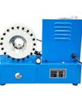 Heavy Duty Electric Hydraulic Hose Crimping Machine With Eight Precision Dies One Touch Controls And Live Gauge Readouts For Tradesmen Who Want Rock Solid Seals And Zero Sweat On Daily Shop Jobs Today, blue machine close-up.