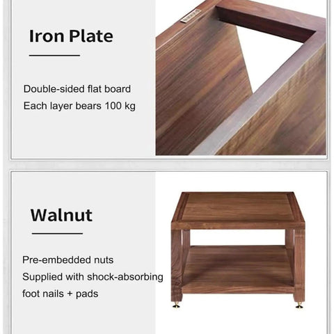 Two To Three Tier AV Media Stand shock-absorbing walnut and iron detail, solid wood design, supports 220 pounds (brown)
