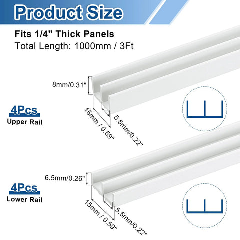 White Plastic Sliding Door Track Set For 1/4 Inch Thick Panels, 3 Feet Long Glass Window And Closet Cabinet Door Tracks, Includes 4 Upper Rails And 4 Lower Rails, Compatible With Sliding Doors