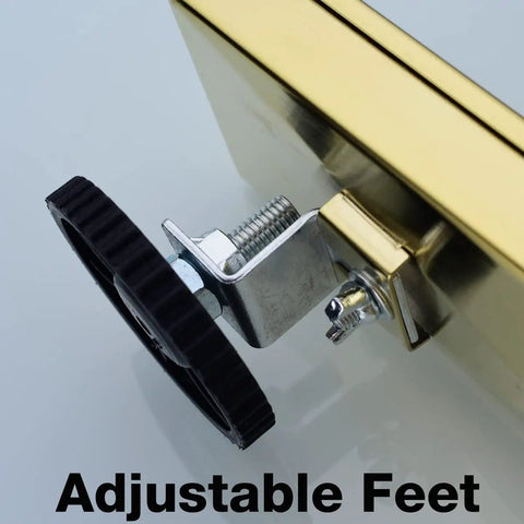 12 Inch Linear Shower Drain With Removable Brickwork Pattern Grate Adjustable Feet Hair Catcher Brushed Gold Finish Rectangular Floor Drain 2 Inch Outlet SUS 304 Stainless Steel showing adjustable feet