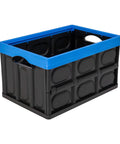 Heavy Duty Collapsible Storage Bin With 12 Gallon Capacity And Built In File Organizer Rails For Home Office Garage Car Trunk Folding Plastic Tote With Easy Grip Handles Black Blue side view showing blue lid and handles.