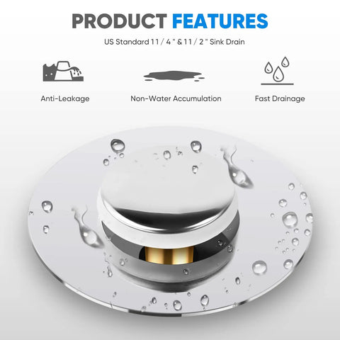 Universal Stainless Steel Sink Drain Stopper With Pop Up Design And Hair Catcher Chrome Finish shown with anti-leakage features